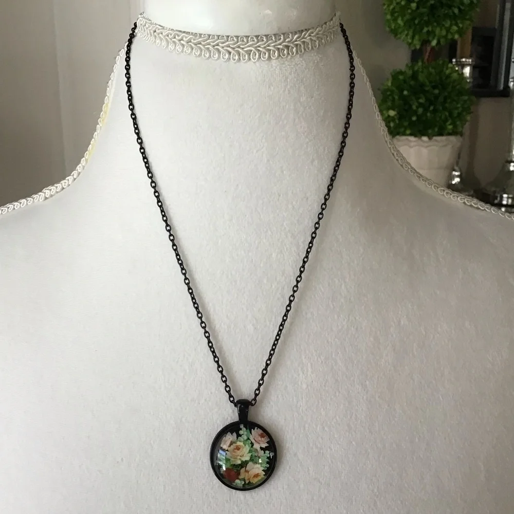 Black Floral Cabochon Pendant Necklace Romantic Cottagecore 18” Rose Slider NEW